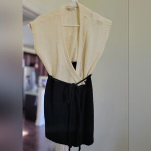 Kenneth Cole New York Open Knit Open Front Cream and Black Belted Cardigan